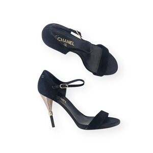 Chanel 2016 Black Suede Satin Gold CC Logo High Heels Sandals Shoes Strappy 41.5